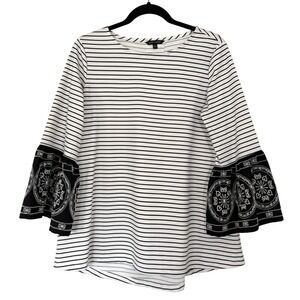 John Mark Womens Small Black White Striped Bell Sleeve Embroidered Medallion Top